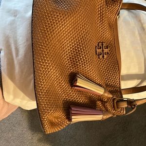 Tory Burch thea brown woven with tassel handbag